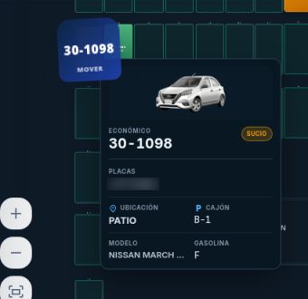 Ficha de la unidad 30-1098 en MapGestión, con estado, ubicación, cajón y gasolina por separado